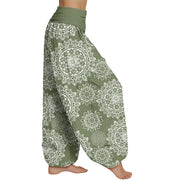 Buddha Stones Casual White Mandala Flower Design Women's Elastic Waist Harem Pants