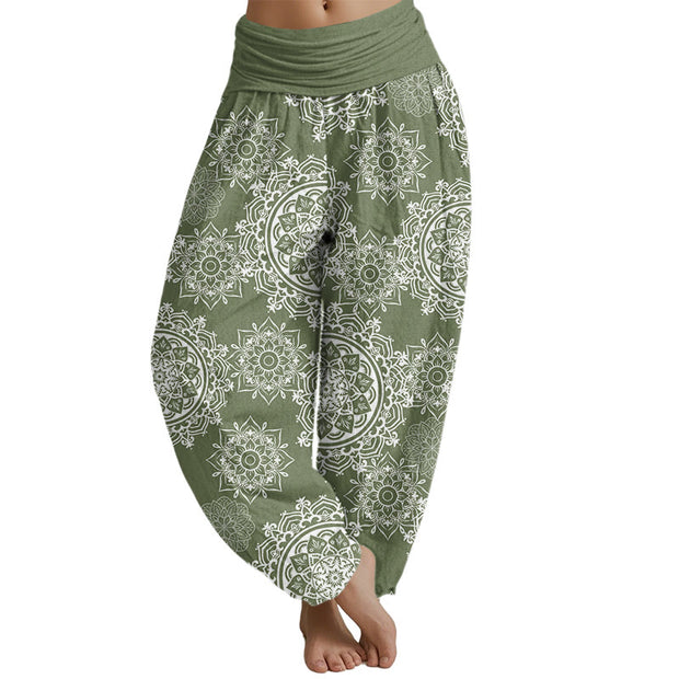 Buddha Stones Casual White Mandala Flower Design Women's Elastic Waist Harem Pants