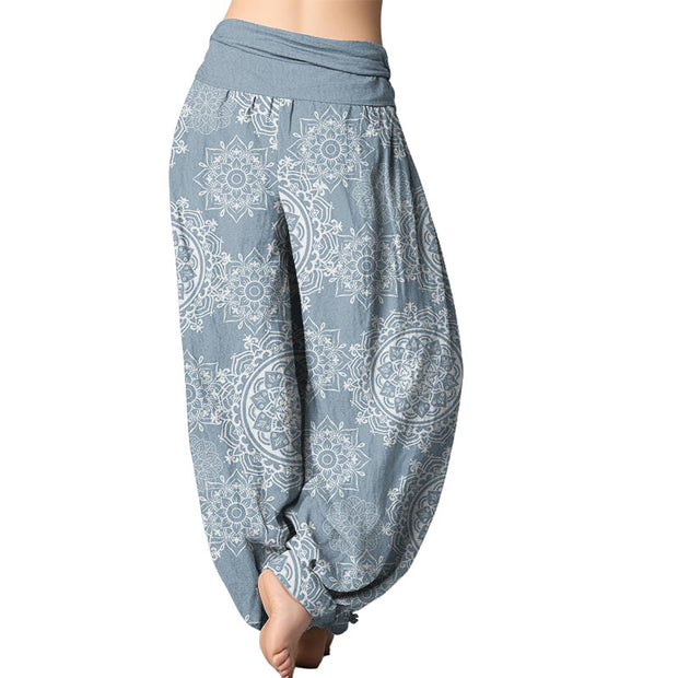 Buddha Stones Casual White Mandala Flower Design Women's Elastic Waist Harem Pants