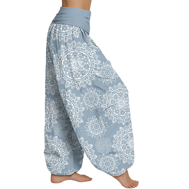 Buddha Stones Casual White Mandala Flower Design Women's Elastic Waist Harem Pants