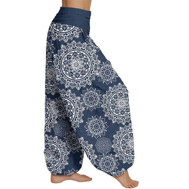 Buddha Stones Casual White Mandala Flower Design Women's Elastic Waist Harem Pants