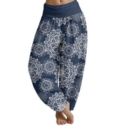 Buddha Stones Casual White Mandala Flower Design Women's Elastic Waist Harem Pants