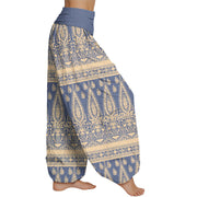 Buddha Stones Casual Feather Stripes Design Women's Elastic Waist Harem Pants