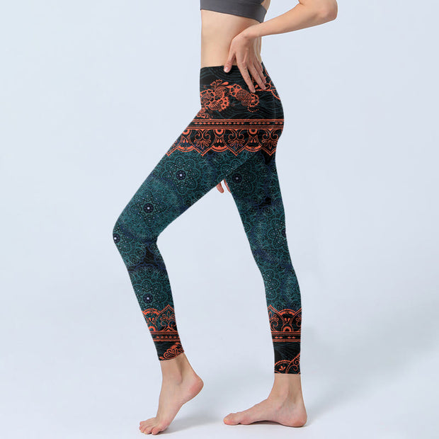 Buddha Stones Green Mandala Flower Print Gym Fitness Leggings Women's Yoga Pants