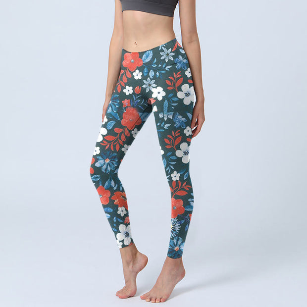 Buddha Stones Red White Flower Dandelion Print Gym Fitness Leggings Women's Yoga Pants