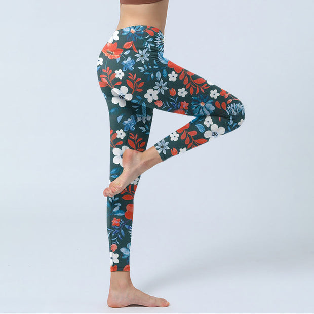 Buddha Stones Red White Flower Dandelion Print Gym Fitness Leggings Women's Yoga Pants