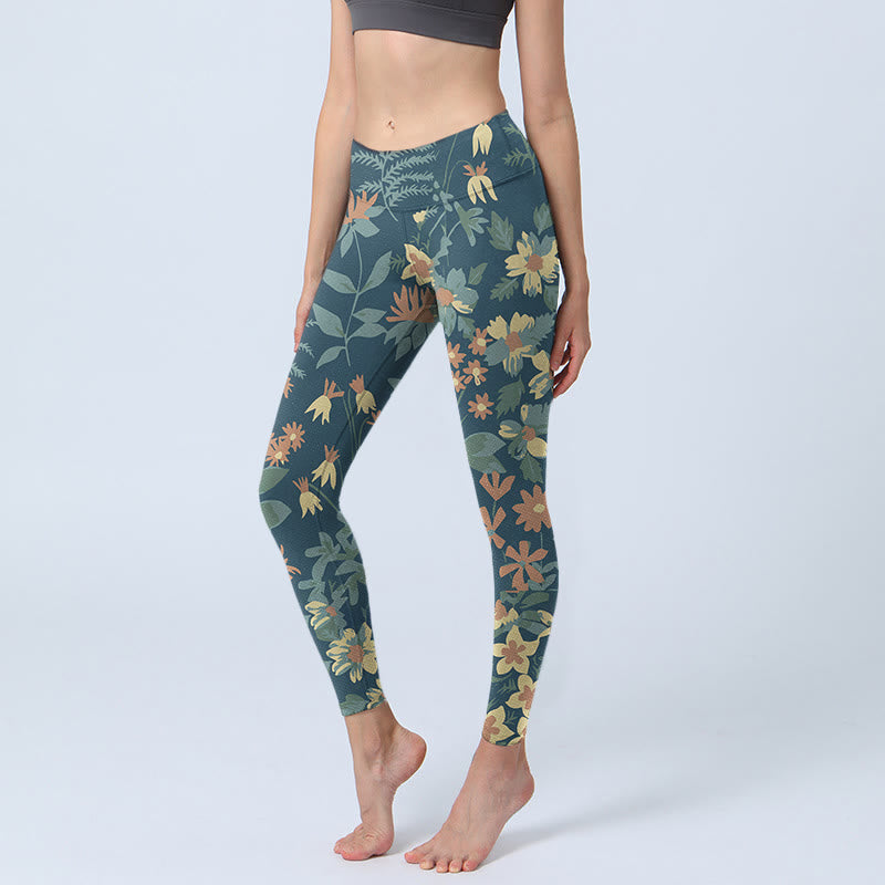 succulent leggings Buddha Stones Casual Daisy Flowers Leaves Print Gym Fitness Leggings Women's Yoga Pants, SteelBlue / US12,UK/AU16,EU44 (XL)