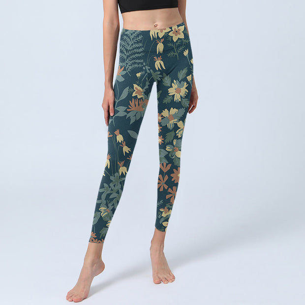 Buddha Stones Casual Daisy Flowers Leaves Print Gym Fitness Leggings Women's Yoga Pants