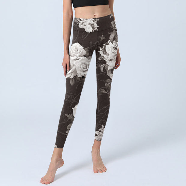 Buddha Stones Gray White Rose Print Gym Fitness Leggings Women's Yoga Pants - image 6