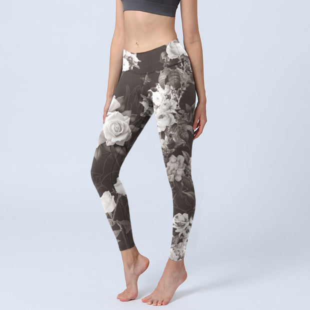 Buddha Stones Gray White Rose Print Gym Fitness Leggings Women's Yoga Pants