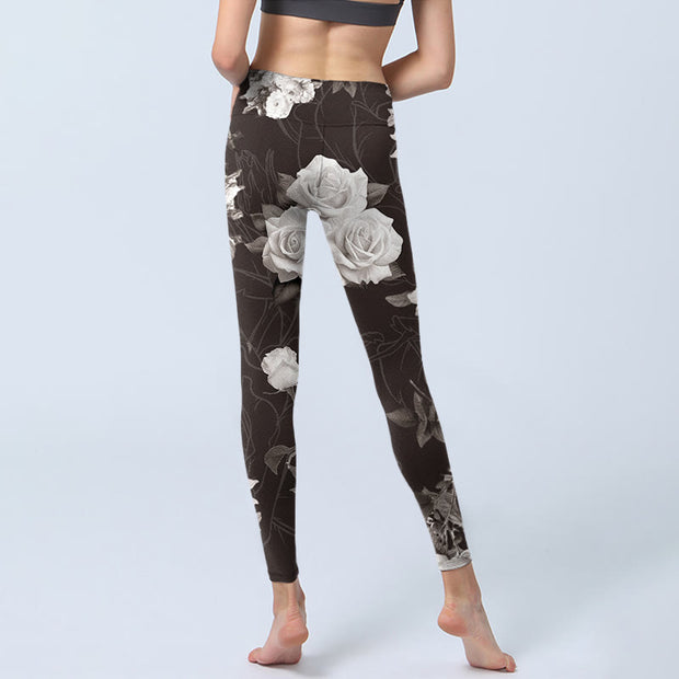 Buddha Stones Gray White Rose Print Gym Fitness Leggings Women's Yoga Pants - image 7
