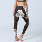 Buddha Stones Gray White Rose Print Gym Fitness Leggings Women's Yoga Pants - image 5