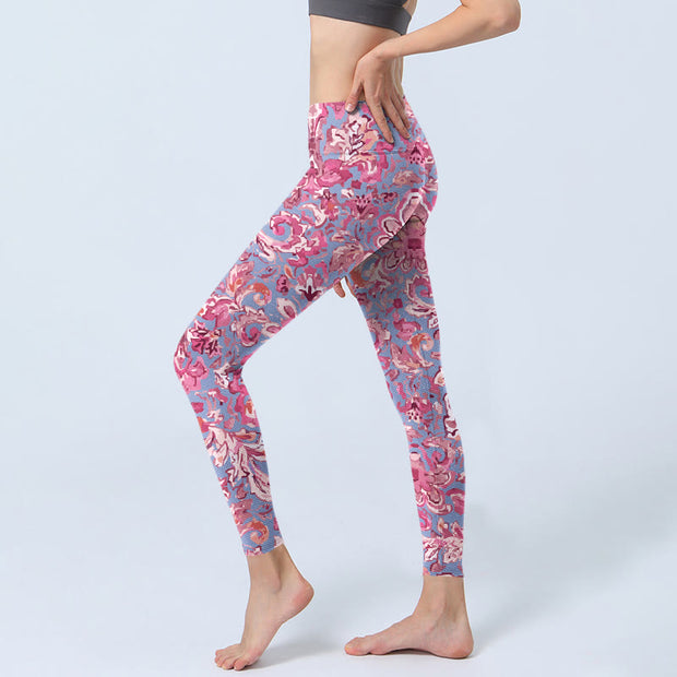 Buddha Stones Pink Flowers Print Gym Fitness Leggings Women's Yoga Pants