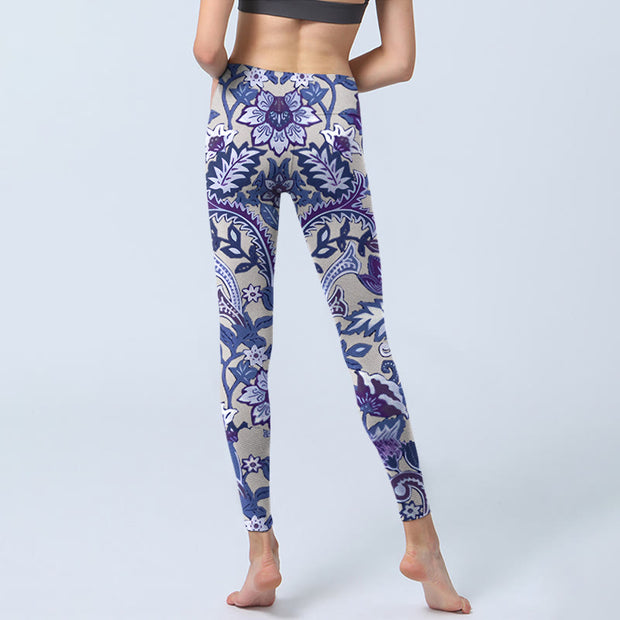 Buddha Stones Purple Flower Leaves Print Gym Fitness Leggings Women's Yoga Pants