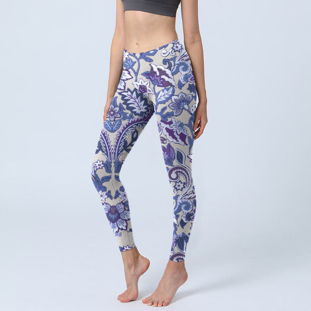 Buddha Stones Purple Flower Leaves Print Gym Fitness Leggings Women's Yoga Pants