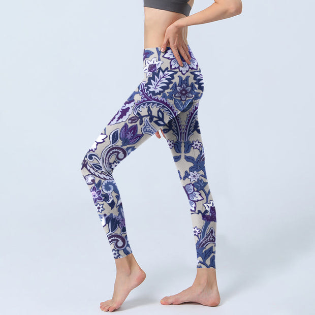Buddha Stones Purple Flower Leaves Print Gym Fitness Leggings Women's Yoga Pants - image 3