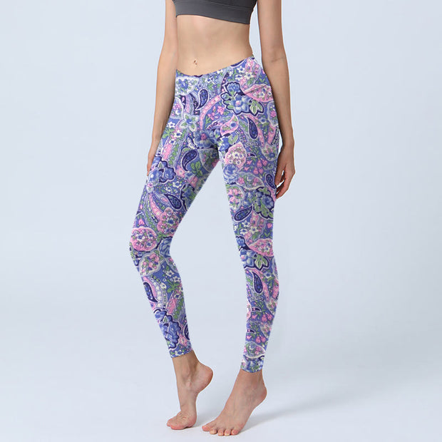 Buddha Stones Purple Pink Cashew Flower Print Gym Fitness Leggings Women's Yoga Pants