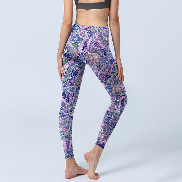 Buddha Stones Purple Pink Cashew Flower Print Gym Fitness Leggings Women's Yoga Pants