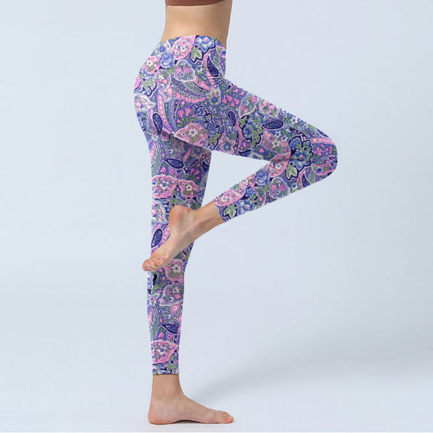 Buddha Stones Purple Pink Cashew Flower Print Gym Fitness Leggings Women's Yoga Pants - image 4