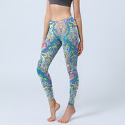 Buddha Stones Blue Pink Green Flower Print Gym Fitness Leggings Women's Yoga Pants - LightSkyBlue - US18，UK/AU22，EU50 (4XL) - image 1