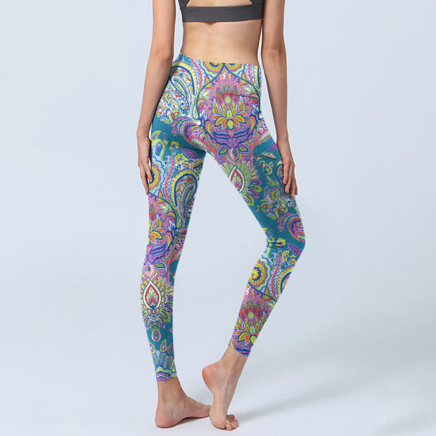 Buddha Stones Blue Pink Green Flower Print Gym Fitness Leggings Women's Yoga Pants