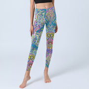 Buddha Stones Blue Pink Green Flower Print Gym Fitness Leggings Women's Yoga Pants