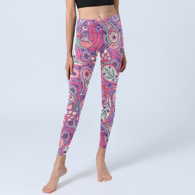 Buddha Stones Purple Pink Cashew Flower Sunflower Print Gym Fitness Leggings Women's Yoga Pants