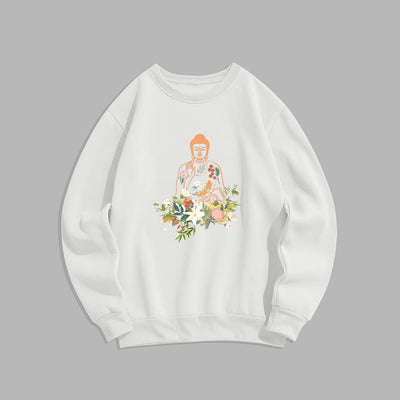 Buddha Stones Meditating Buddha Blooming Flowers Pattern Fleece Lined Sweatshirt