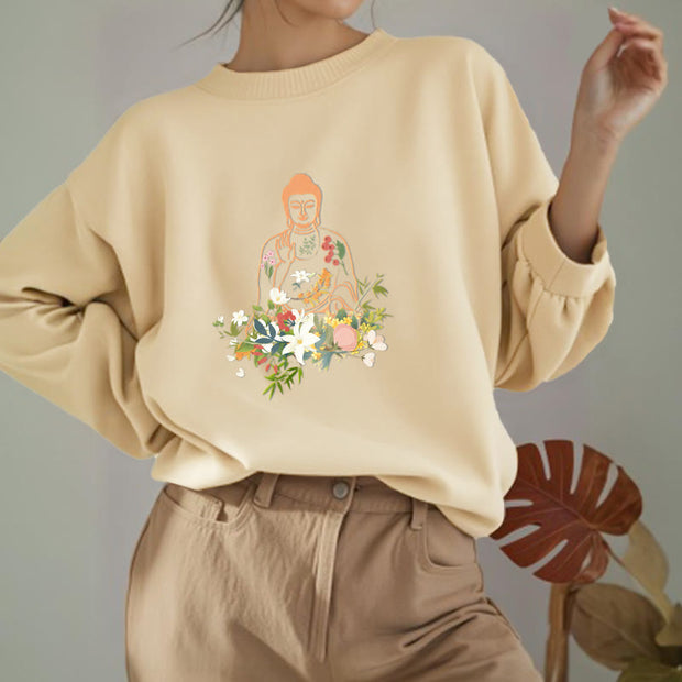 Buddha Stones Meditating Buddha Blooming Flowers Pattern Fleece Lined Sweatshirt