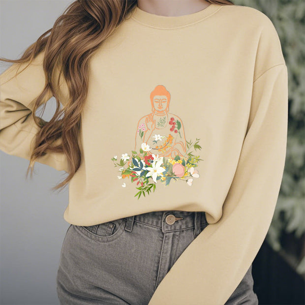 Buddha Stones Meditating Buddha Blooming Flowers Pattern Fleece Lined Sweatshirt