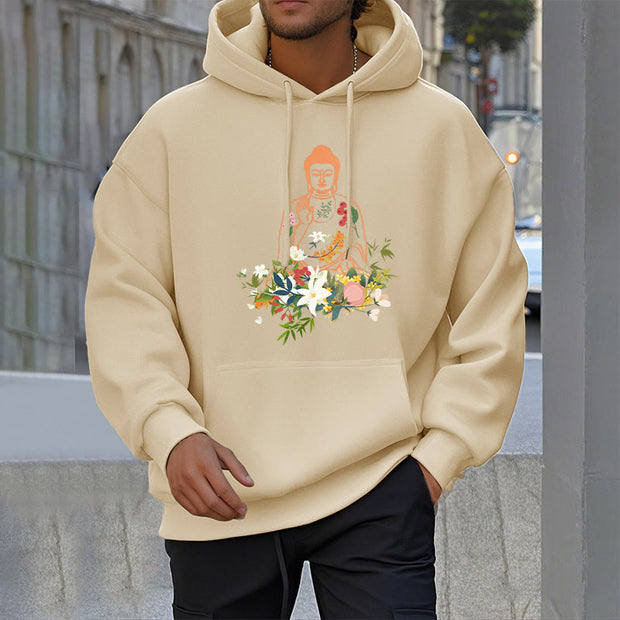 Buddha Stones Meditating Buddha Blooming Flowers Pattern Fleece Lined Hoodie