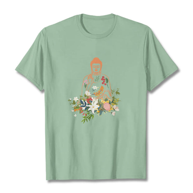 Buddha Stones Meditating Buddha Blooming Flowers Pattern Tee T-shirt