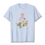 Buddha Stones Meditating Buddha Blooming Flowers Pattern Tee T-shirt