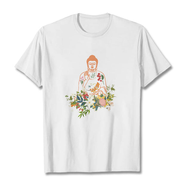 Buddha Stones Meditating Buddha Blooming Flowers Pattern Tee T-shirt