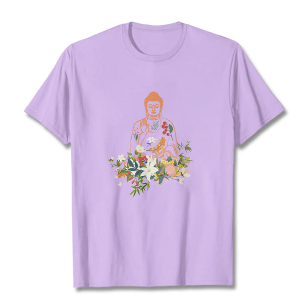 Buddha Stones Meditating Buddha Blooming Flowers Pattern Tee T-shirt