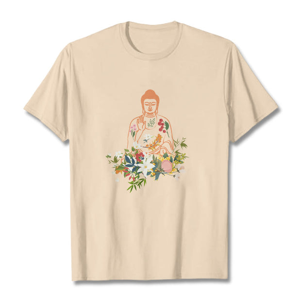 Buddha Stones Meditating Buddha Blooming Flowers Pattern Tee T-shirt