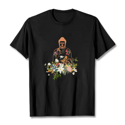 Buddha Stones Meditating Buddha Blooming Flowers Pattern Tee T-shirt