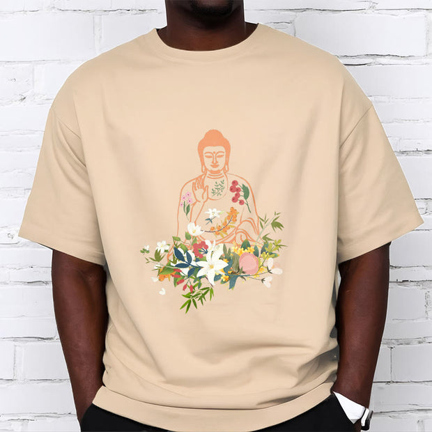 Buddha Stones Meditating Buddha Blooming Flowers Pattern Tee T-shirt