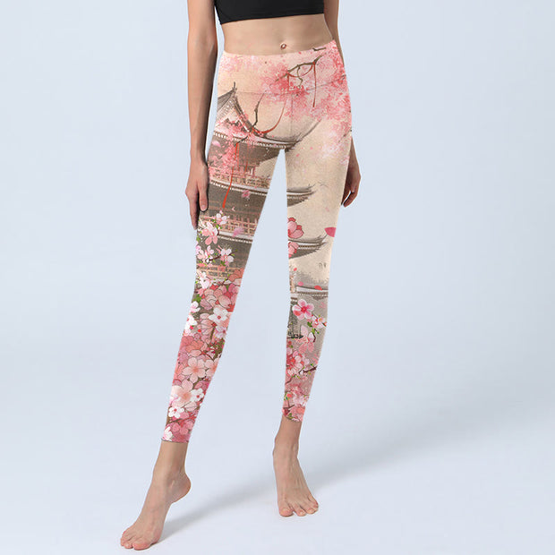 Buddha Stones Pink Sakura Antique Building Print Fitness Leggings Women's Yoga Pants - image 6