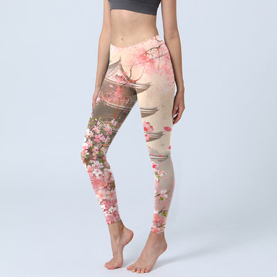 Buddha Stones Pink Sakura Antique Building Print Fitness Leggings Women's Yoga Pants - LavenderBlush - US18，UK/AU22，EU50 (4XL) - image 1