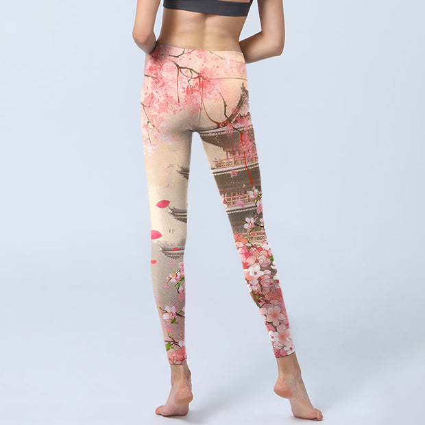 Buddha Stones Pink Sakura Antique Building Print Fitness Leggings Women's Yoga Pants - image 7