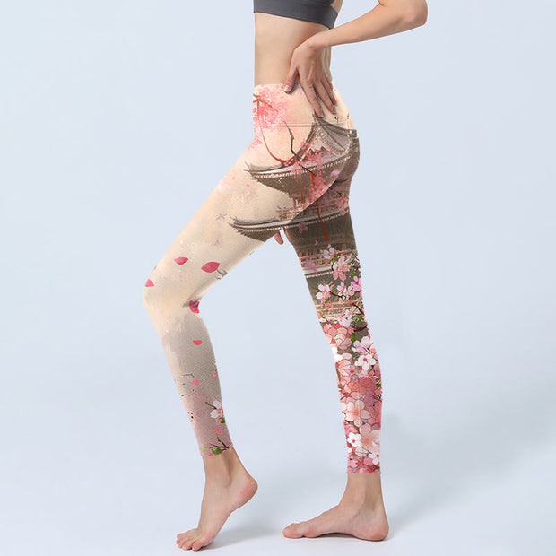 Buddha Stones Pink Sakura Antique Building Print Fitness Leggings Women's Yoga Pants - image 3