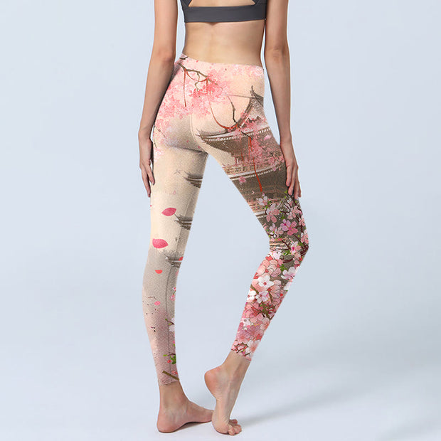 Buddha Stones Pink Sakura Antique Building Print Fitness Leggings Women's Yoga Pants