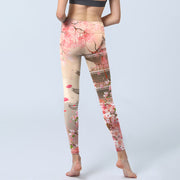 Buddha Stones Pink Sakura Antique Building Print Fitness Leggings Women's Yoga Pants