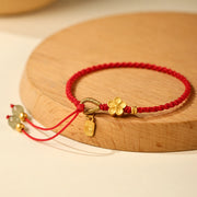 Buddha Stones Hetian Jade Small Peach Blossom Fu Character Charm Luck String Bracelet Bracelet BS Red Rope(Wrist Circumference: 14-19cm)