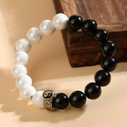 Buddha Stones Black Obsidian White Porcelain Beads Yin Yang Fulfilment Bracelet Bracelet BS Black Obsidian White Porcelain Beads(Wrist Circumference: 14-16cm)