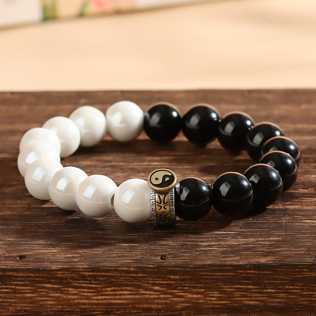 Buddha Stones Black Obsidian White Porcelain Beads Yin Yang Fulfilment Bracelet Bracelet BS 1