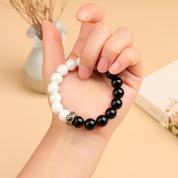 Buddha Stones Black Obsidian White Porcelain Beads Yin Yang Fulfilment Bracelet Bracelet BS 3