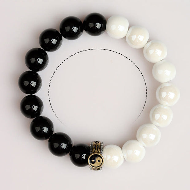 Buddha Stones Black Obsidian White Porcelain Beads Yin Yang Fulfilment Bracelet Bracelet BS 10