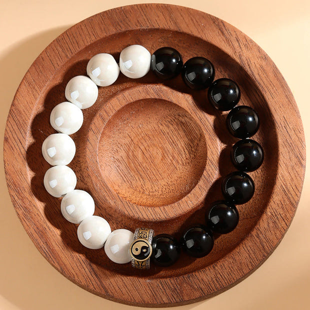 Buddha Stones Black Obsidian White Porcelain Beads Yin Yang Fulfilment Bracelet Bracelet BS 8